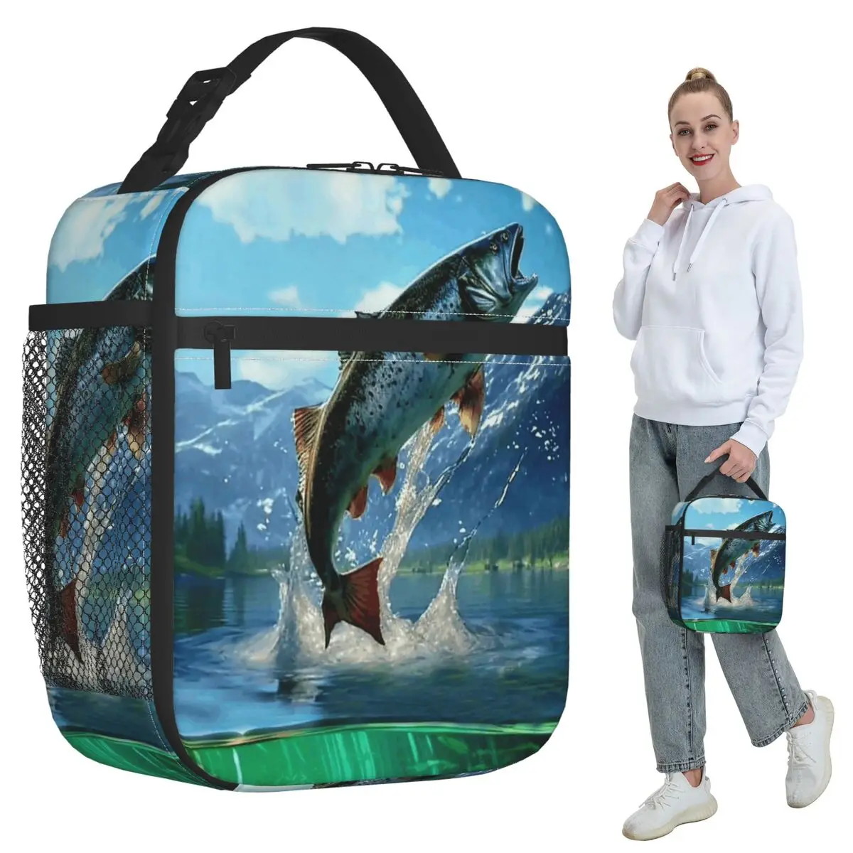 Leaping Fish Fishing Insulated Lunch Bag for Kids School Cooler Thermal Food Box Tote Portable Lunch Boxes Container