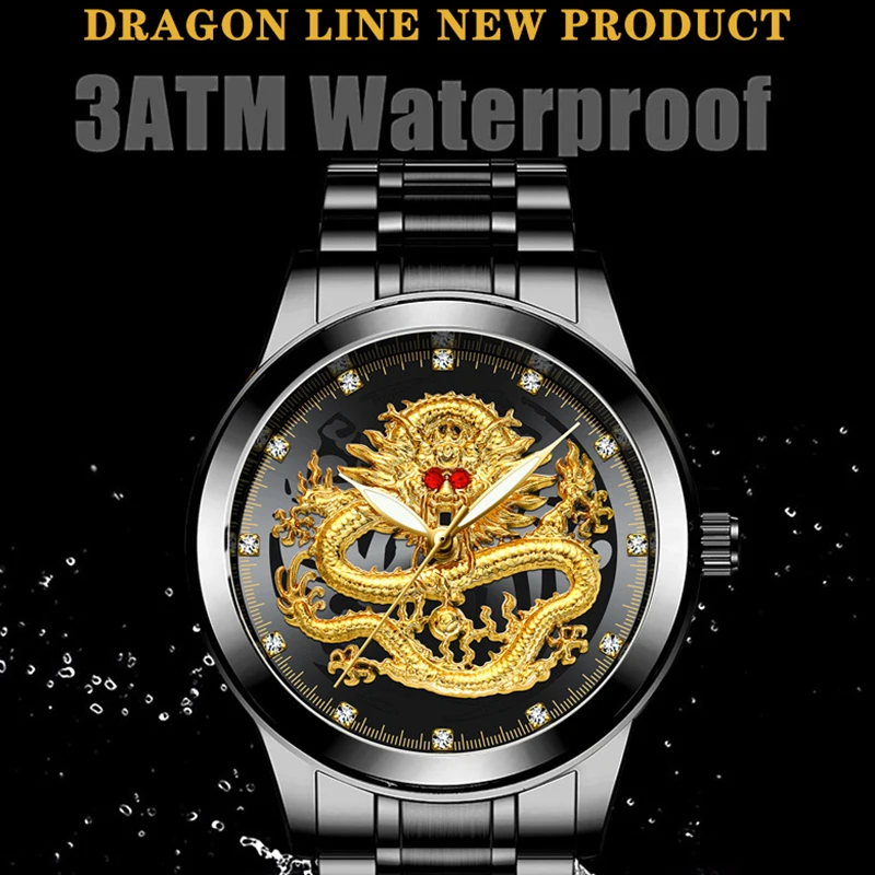 FNGEEN Top Luxury Fashion Ultra-Thin Men Watch Quartz Dragon Pattern Luminous Gold Color Stainless Steel Band Classics Men Watch