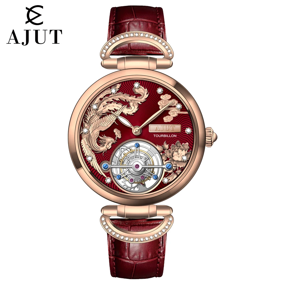 AJUT 0313 Luxury Tourbillon Movement Women's Wristwatch Beautiful Party Sapphire Skeleton Tourbillon Mechanical Woman Watch