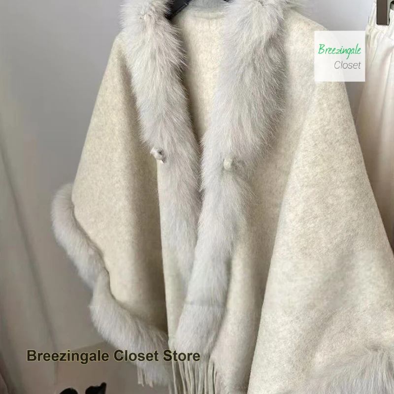 

French-style fur collar cloak shawl coat female autumn and winter niche temperament relaxed and gentle woolen Joker casual coat