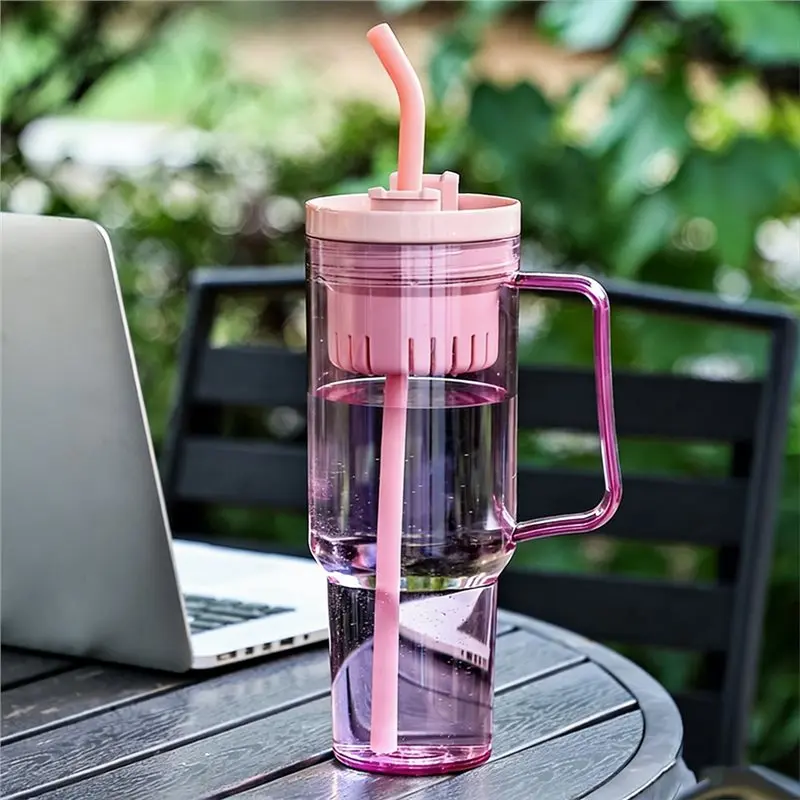 M12K-Korean-Style Large-Capacity Plastic Straw Cup With Handle, For Outdoor Sports,1200Ml Water Bottle Yellow