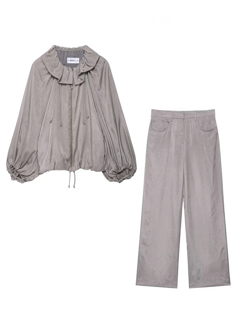 HH Chaqueta de piloto ajustada de manga larga con cremallera y solapa con cordón para mujer + pantalones con bolsillos textura satinada conjunto elegante de 2 piezas de verano sólido