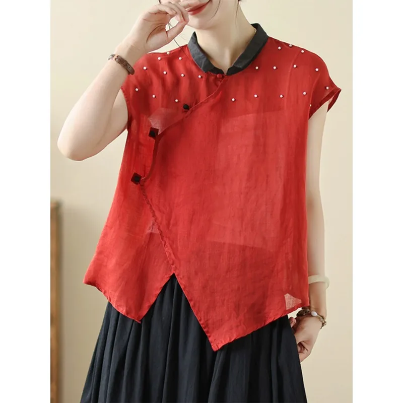 

Summer New Style Small Pearl Heavy Work Short Sleeve Shirt Stand Collar Side Button Chinese Style Loose Fit Breathable Women'...
