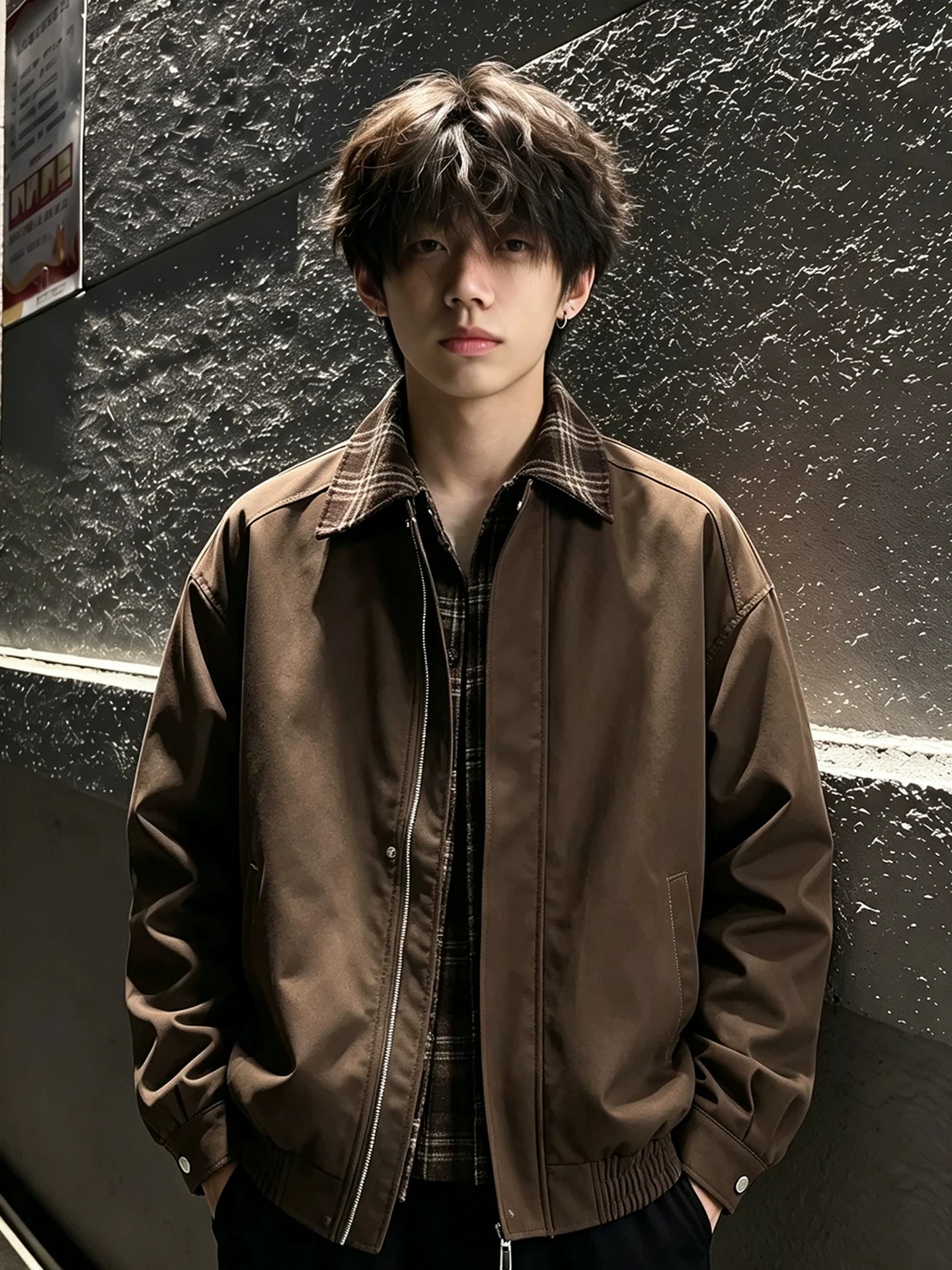 Cafe Brown Men's Short Shirt Collar Jacket Baseball Style Splice Outerwear Autumn Season CleanFit Standard Size Zipper Closure