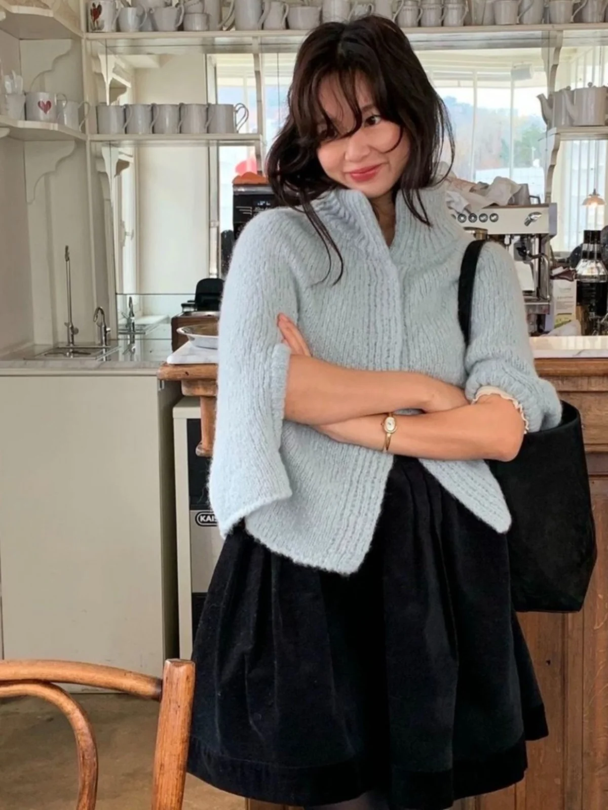Blue Stand Collar Cowl Neck Wrap Casual Chic Sweater Coat Women\'s Fashion Spring Autumn Warmth Flattering Length Batwing Sleeve