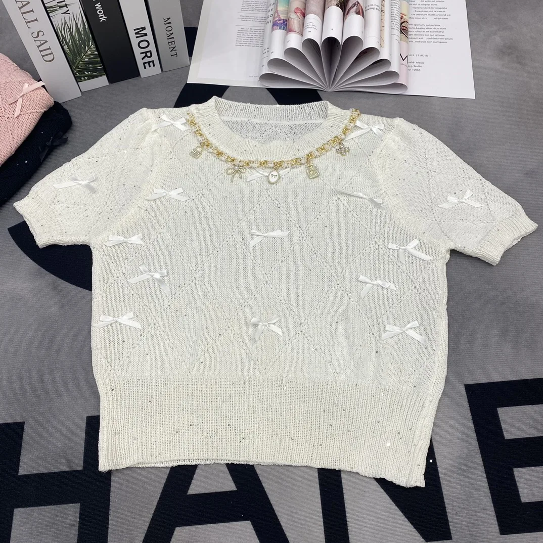 

2024 Knitted Spring Summer New Bow Short Sleeved Round Neck Pullover T Shirt Loose Casual Sequin Women's Casual Tops F115