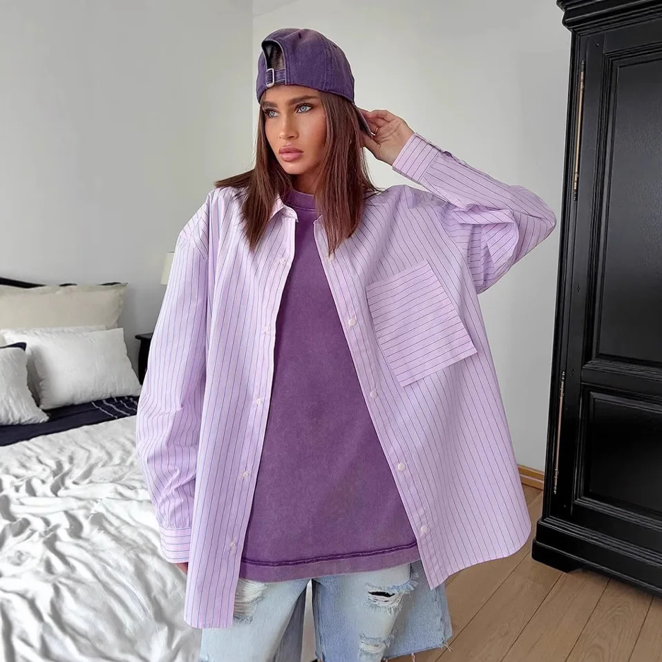 

Осенняя женская рубашка в фиолетовую полоску с отложным воротником, однобортные карманы, женская рубашка с напуском, универсальная блузка для женщин