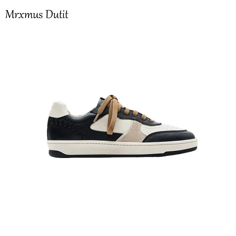 Mrxmus Dutit 2023 New Women Fashion Genuine Leather Flat Round Neck Lacing Shoes Simple Solid All-match Casual Sneaker Female