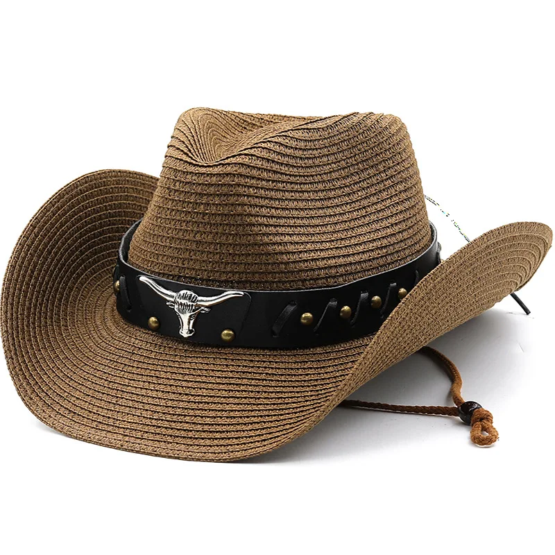 

New Bull Head Belt Straw Hat Western Cowboy Top Hat Foldable Ethnic Style Straw Hat Bucket Hat Personality Sun Hats for Women 2
