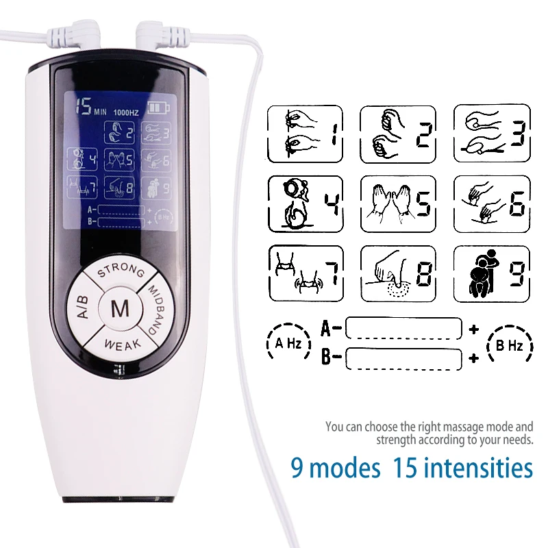 Stimolatore EMS intelligente a 9 modalità Rilassamento digitale a doppio canale Strumento per fisioterapia Terapia per agopuntura Massaggiatore