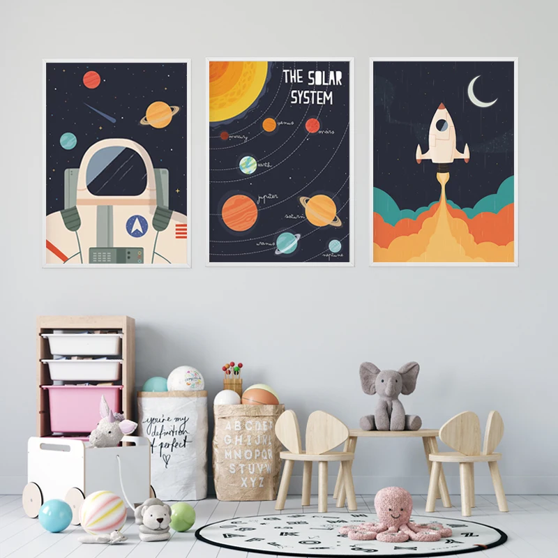 Astronaut Planet Space Rocket Solar System Children\'s Room Canvas Painting Wall Art Print Poster Nordic Nursery Decor Picture