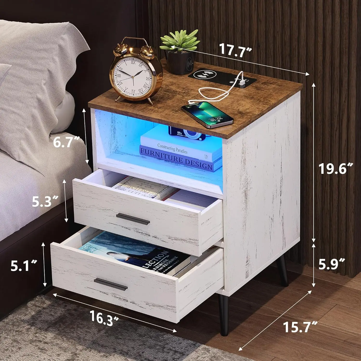 LED Night Stand with Charging Station, 3 Colors Dimmable Lights,Smart Nightstands with Open Shelf, Metal Legs, Wood White