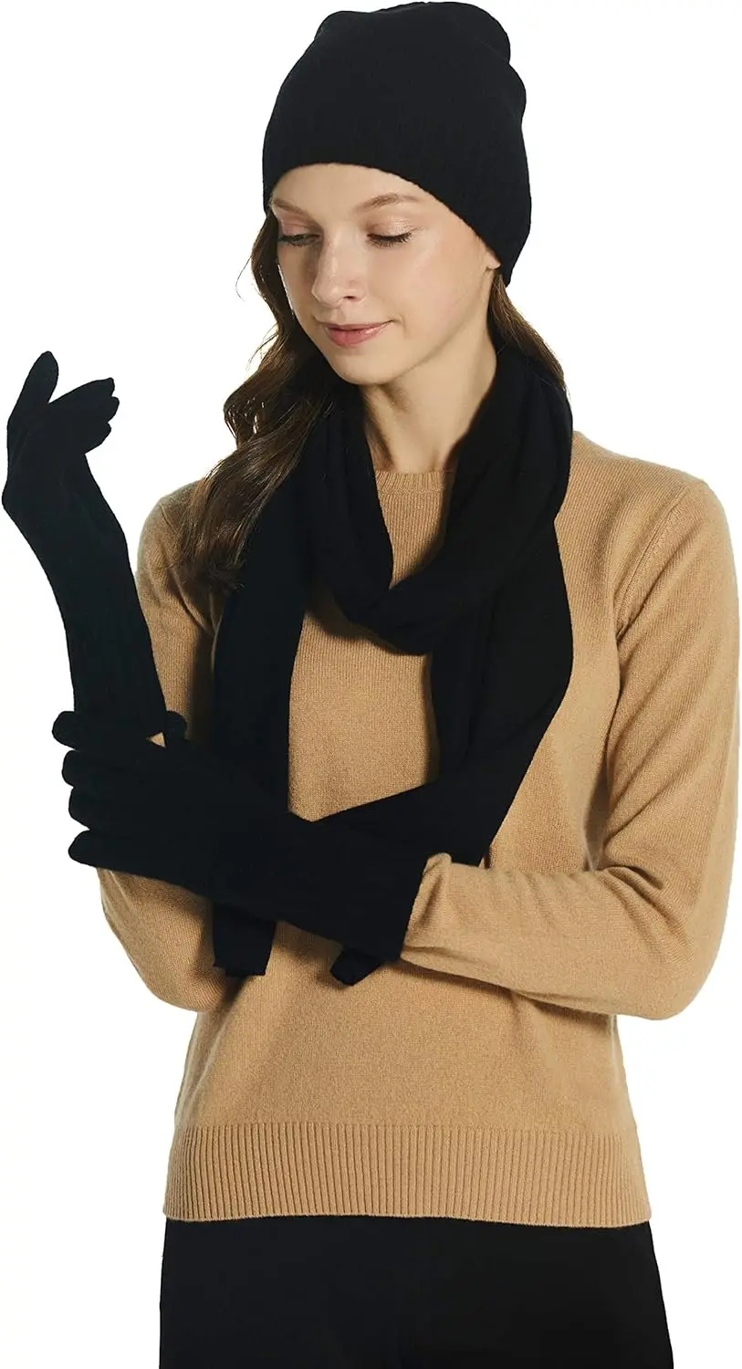 Women’s 100% Pure Cashmere Scarf, Gloves, Beanie Hat Gift Box Set