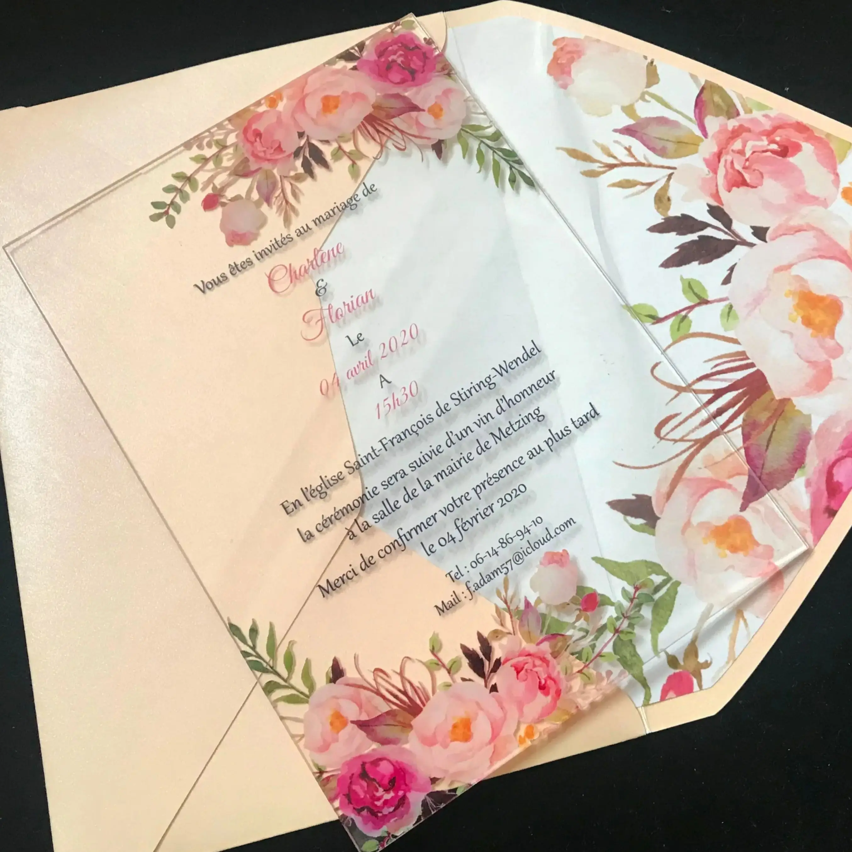 

Custom Acrylic Wedding Invitation with Flower Envelopes, Transparent Invite