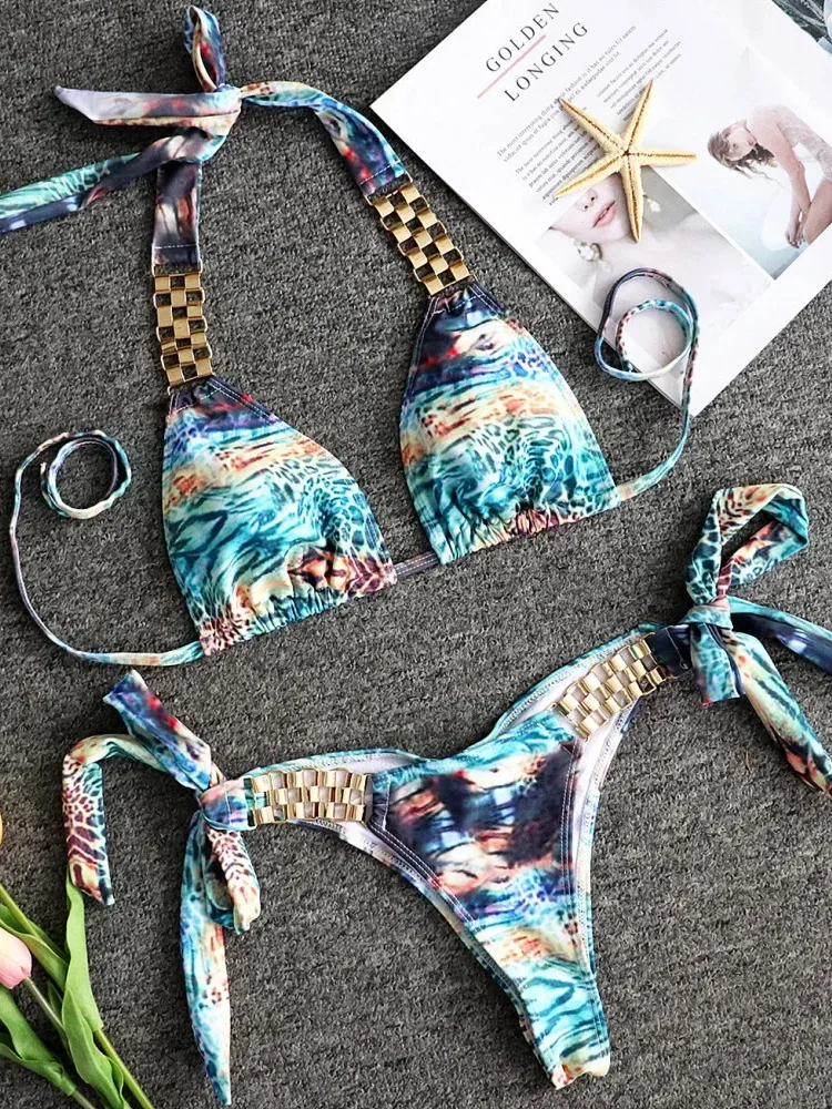 Snake Print Bikini 2024 Women Bandeau Swimsuit Female Metal Chain String Swimwear Brazilian Bikini Set Halter Bathing Suit Swim