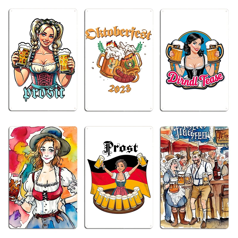 Prost Wear Dirndl Drink Bier Celebrate Oktoberfest Cheers Girl holding craft beer Metal Printing Wall Decor Club Tin Sign Poster