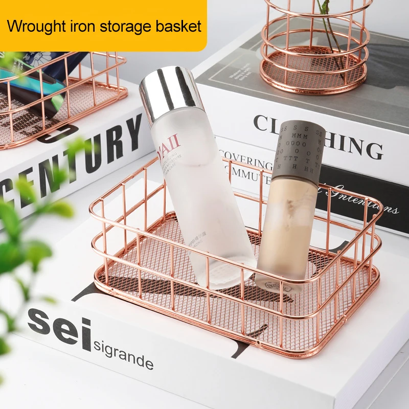 Nordic Gold/Rose Metal Iron Storage Basket Desktop Sundries Organizer Rack Cosmetics Makeup Brushes Holder Jewelry Storage Box