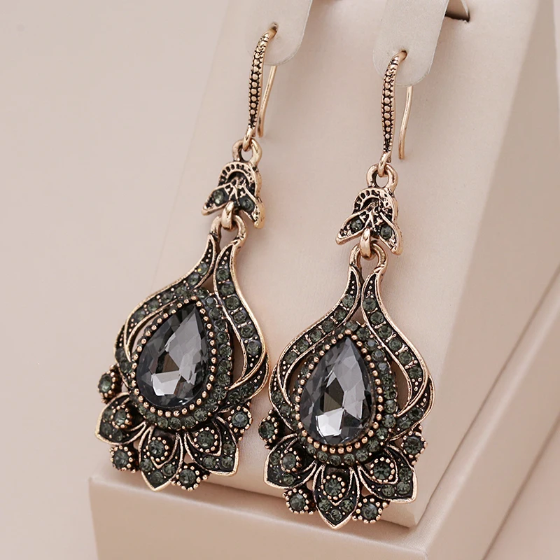 Pendientes de novia Kinel 2023, nuevos pendientes de cristal gris de lujo para mujer, pendientes colgantes de Color dorado antiguo para fiesta en la playa, joyería Vintage