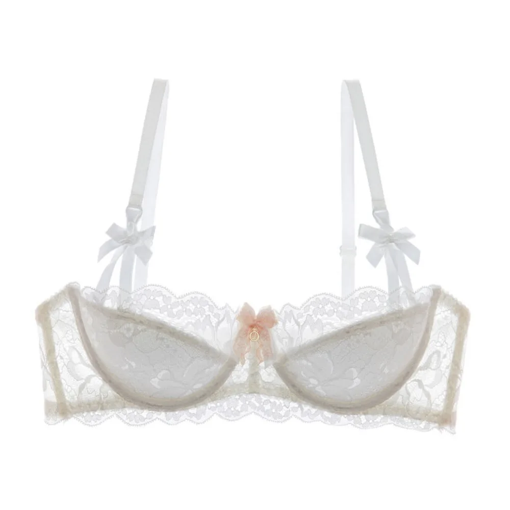 セクシー French Lace Half Cup Bra Set  Bow Shoulder Strap Thin Large Bust Minimizer Pure Desire Lingerie For Teen Girls Daily Outfit
