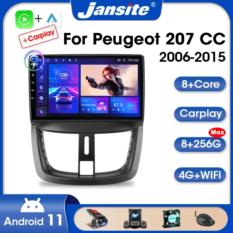 Jansite 2Din Android 11 Car Radio For Peugeot 207 CC 207CC 2006-2015 Multimedia Video Player Stereo QLED Screen Carplay Auto DVD