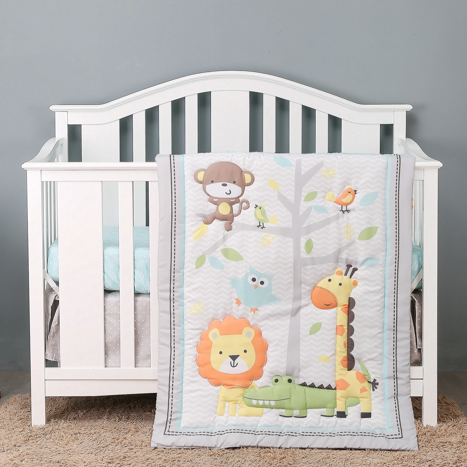 3Pcs Jungle Theme Crib Sets for Boys Girls Baby Nursery Crib Bedding Set Toddler Bedding (Comforter Fitted Sheet Crib Skirt)