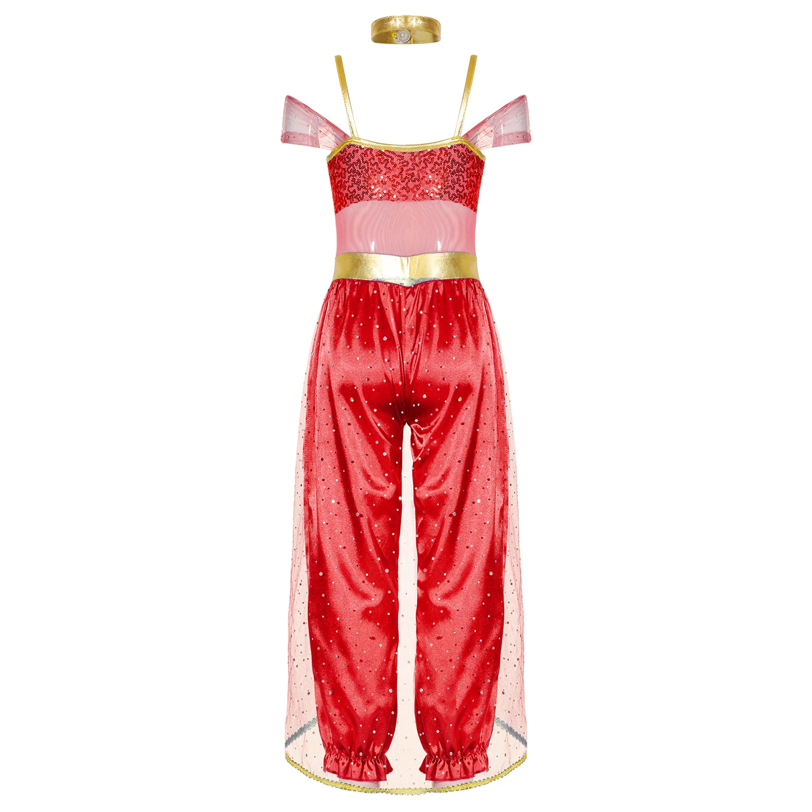 Kids Girls Arabian Princess Cosplay Costume Shiny Sequins Jumpsuit Halloween Carnival Belly Dance Stage Performance Bodysuit