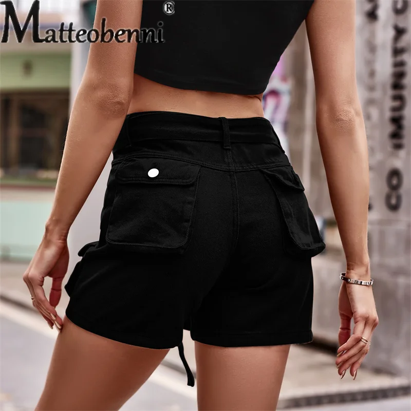 2023 Summer New Mid-waist Lace-up Denim Overalls Female Fashion Casual Streetwear Loose Splicing Pocket Women Solid Color Shorts