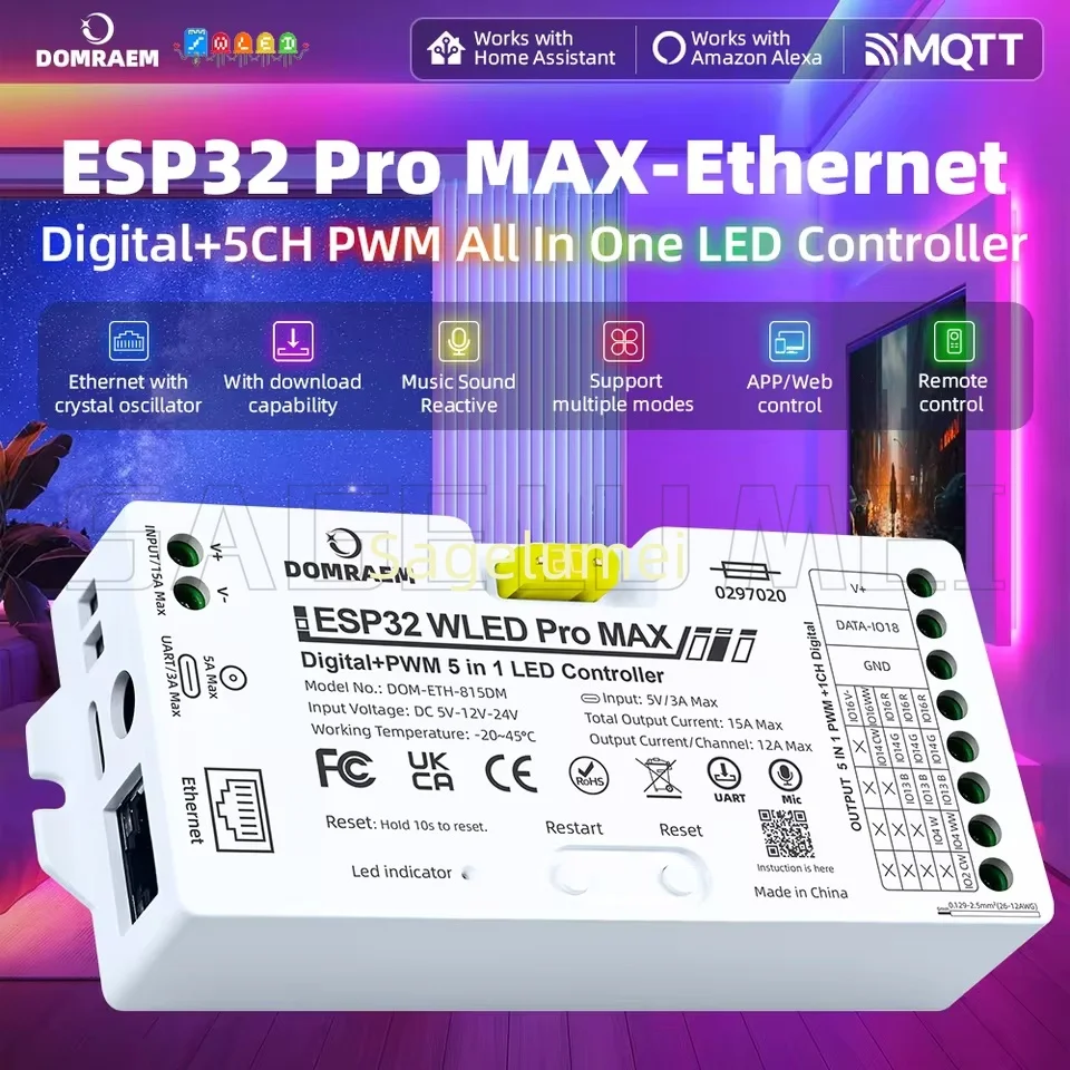 DOMRAEM ESP32 WLED All in One LED Controller Pro/Pro MAX Digital+PWM 5IN1 Ethernet/WiFi Music Sync Alexa Home Assistant WS2812B