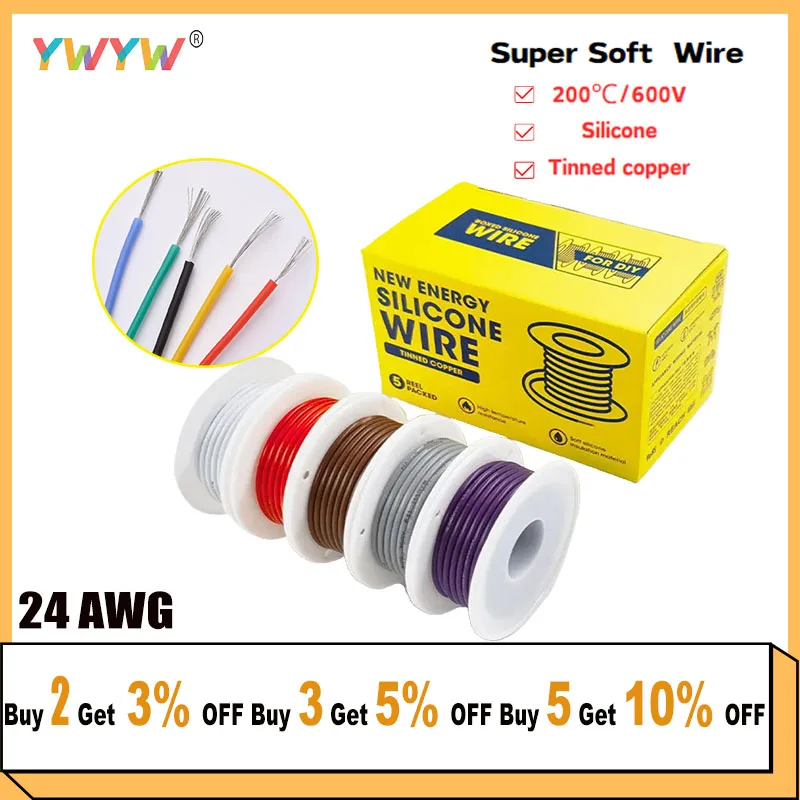 

24 AWG/0.2mm² Tinned Copper Wire DIY Boxed Flexible Silicone Connection Cable 5 Colours 32.8ft/10m Car/Home Power Cord