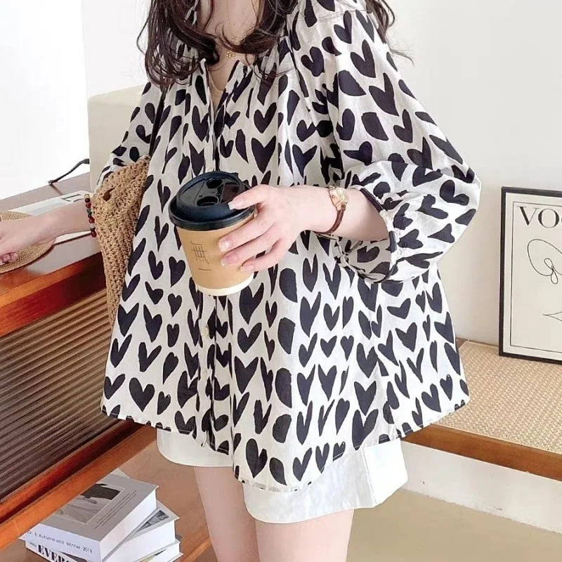 Women Large Hand Drawn Black Heart Print Shirt V-Neck Gathered Neck Detail Puff Three Quarter Sleeve Oversized Loose Blouse
