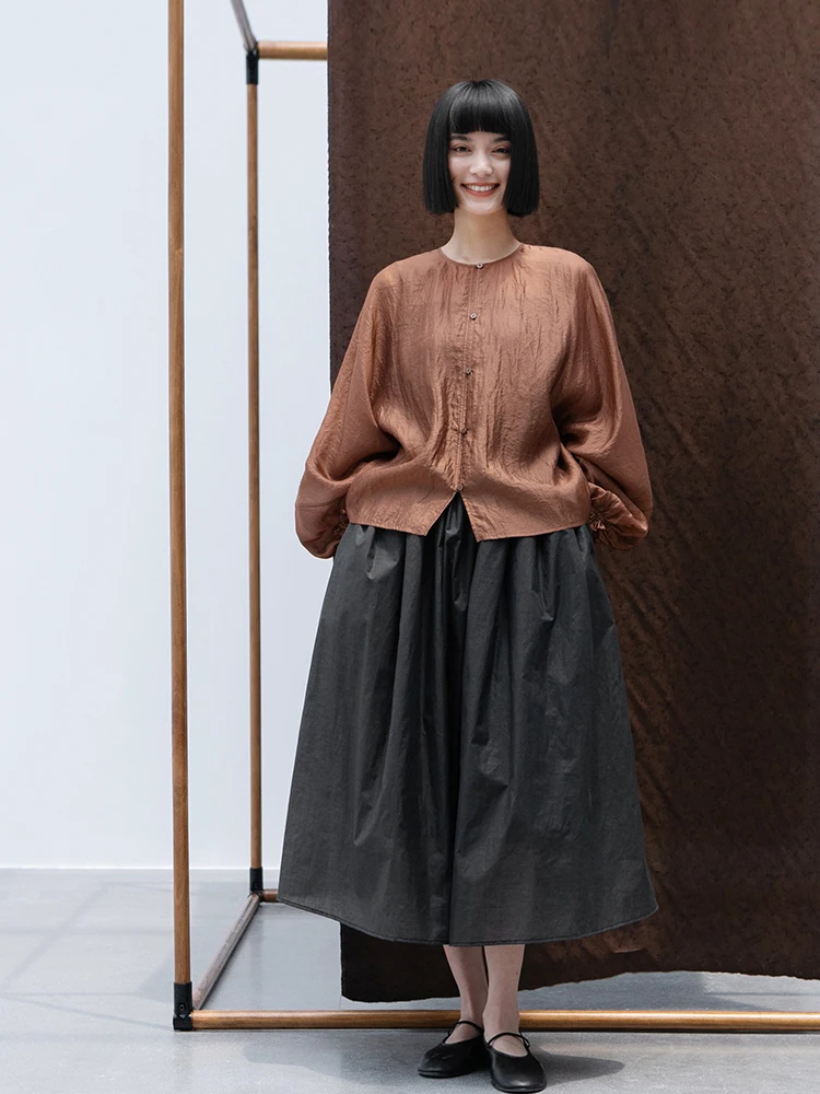 

New Leaf Collection 100% Silk Summer Thin Loose Sun Protection Top Button up Folded Red Orange Ladies Shirt