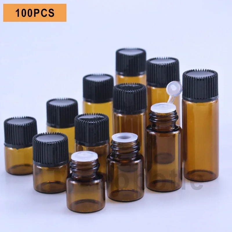 R  100pcs 1ml/3ml/5ml Empty Amber Glass Essential Oil Bottle Thin Glass Small Amber Dram Perfume Oil Vials Sample Test Bottle