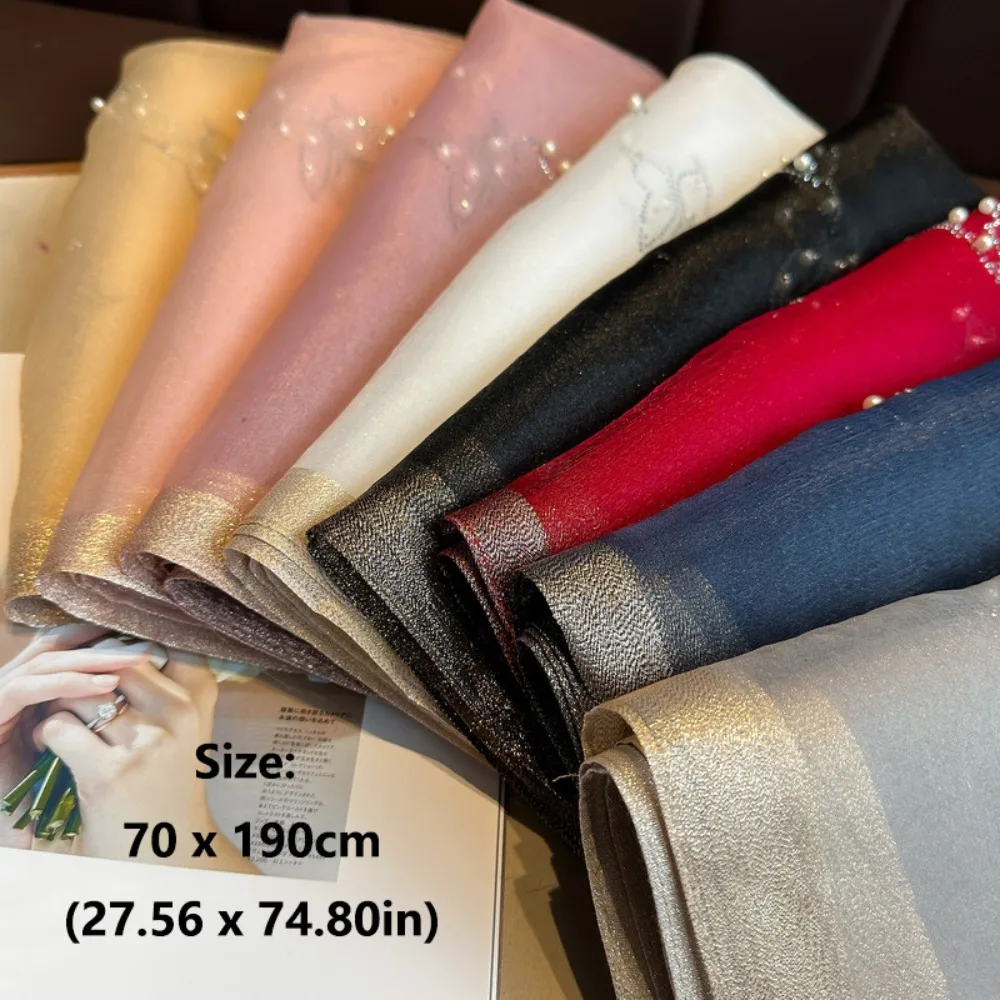 أزياء حجر الراين وشاح حريري فاخر لينة اللؤلؤ فراشة الحجاب شالات رقيقة فولارد لامعة وشاح من الدانتيل الإناث #5