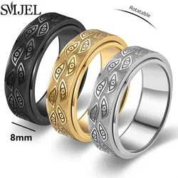 Vintage Carved Eyes Stainless Steel Rings 8mm Fashion Fidget Spinner Ring Punk Finger Jewelry Rotatable Ring Anti Stress Gifts