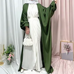 Muslim Women Open Abaya Luxury Robe Puff Sleeve Ramadan White Pink Party Dress Kimono Clothes Turkey Dubai Islamic Girl Wear
