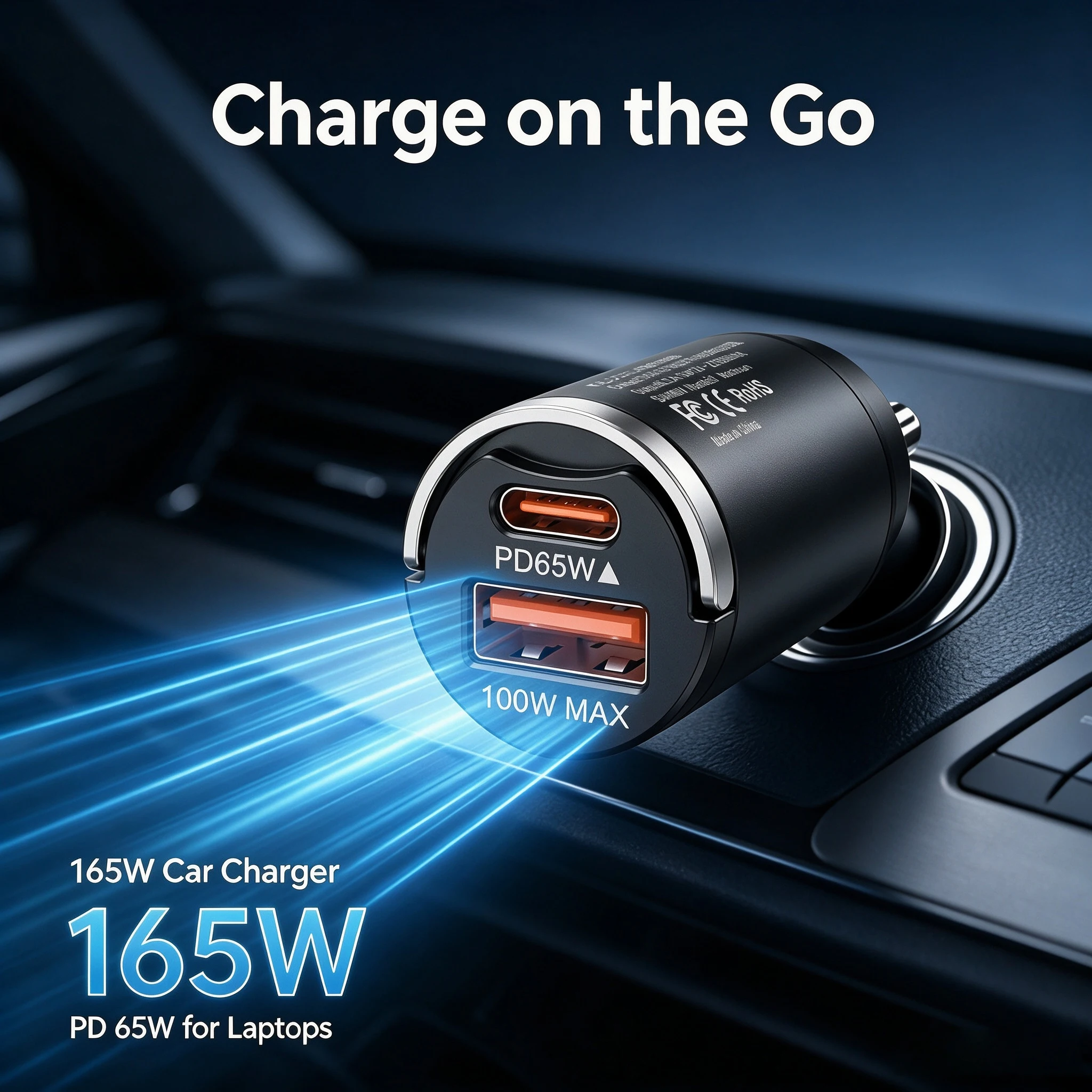 165W Two Port Car Charger with 65W USB C and 100W USB A Outputs for Road Trips and Daily Driving Zinc Alloy Flush Fit Design
