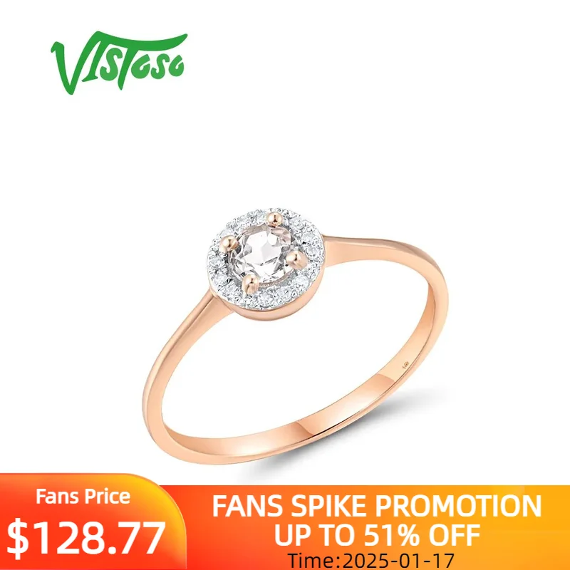 

VISTOSO Pure Solitaire 14K 585 Rose Gold Ring For Women Genuine White Topaz And Diamond Wedding Engagement Fine Delicate Jewelry