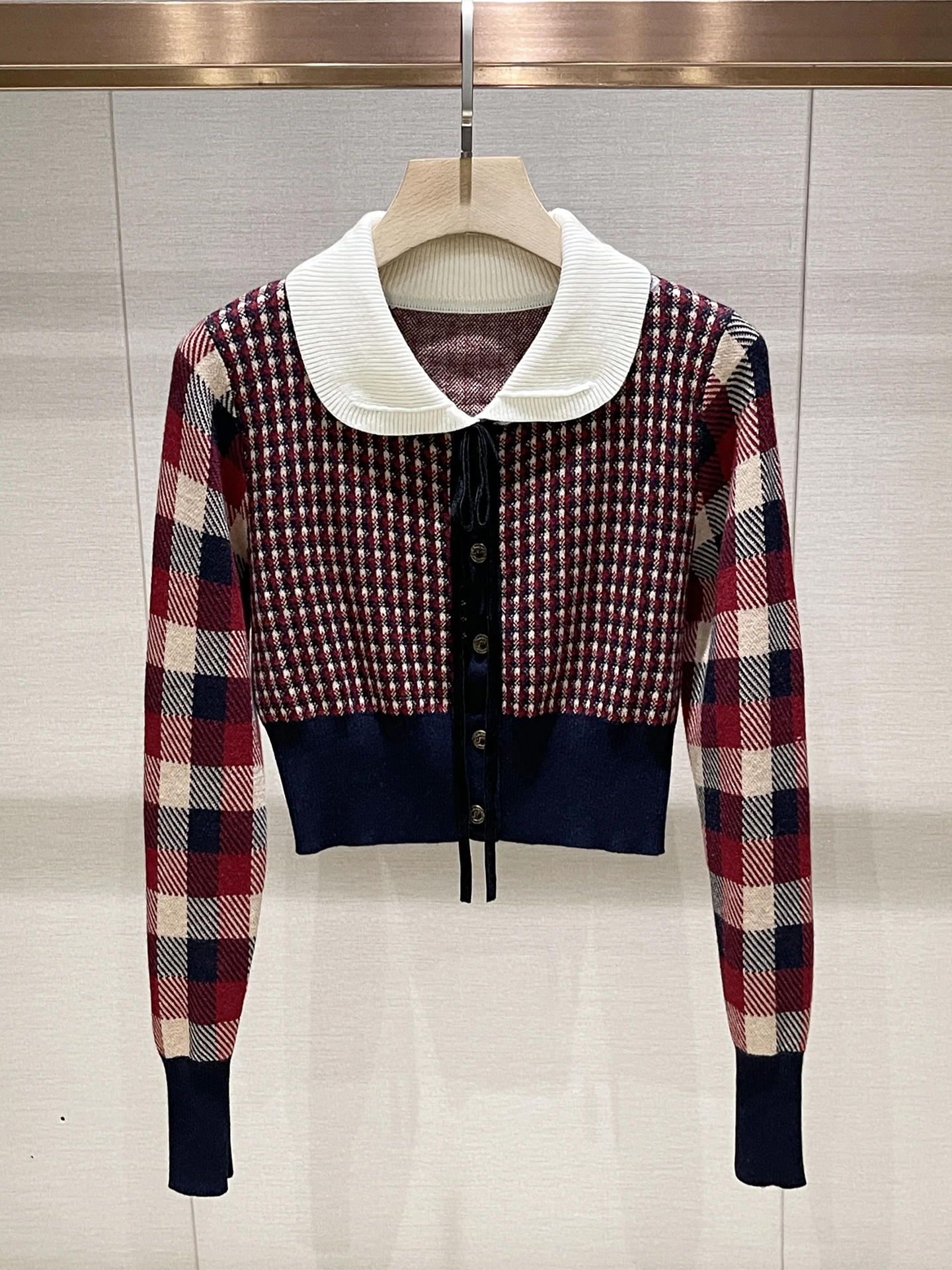 

Уникальный вязаный свитер с эффектом омоложения для женщин, с винтажным воротником-стойкой в клетку и узлом, длинный, повседневный...