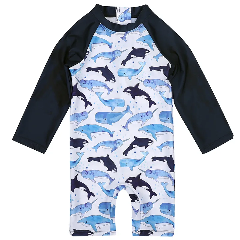 Boys One-piece Swimsuit + Sun Hat Kids Long Sleeve Cartoon Dolphin Sun-protective Quick-Dry Surfing Bathing Suit Baby Swimwear