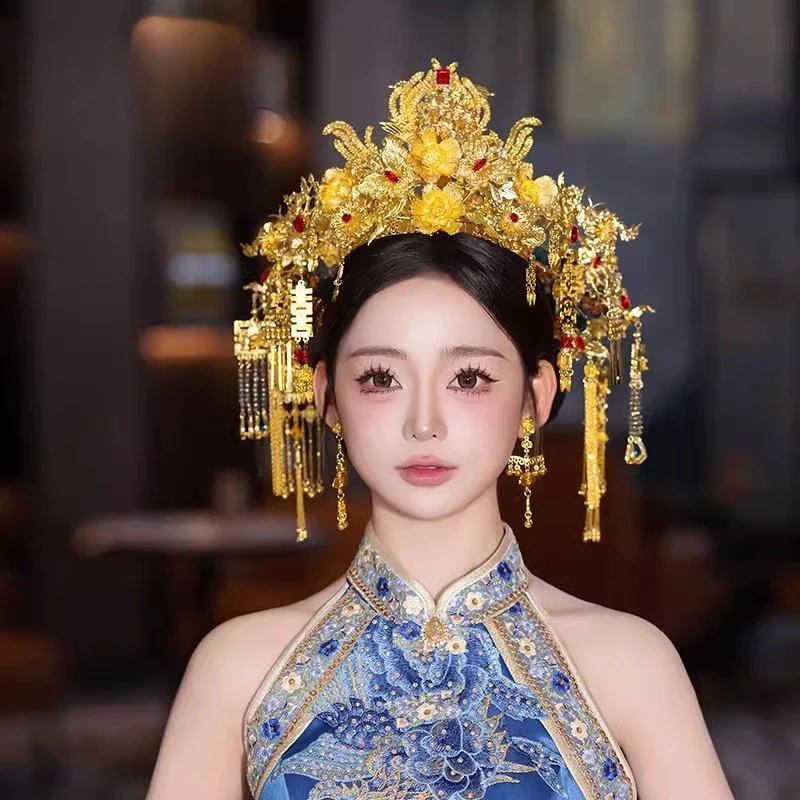 

High-End Golden Chinese Wedding Phoenix Hair Crown Hanfu Hair Accessory Retro Bride Traditional Ancient Costume Jewelry
