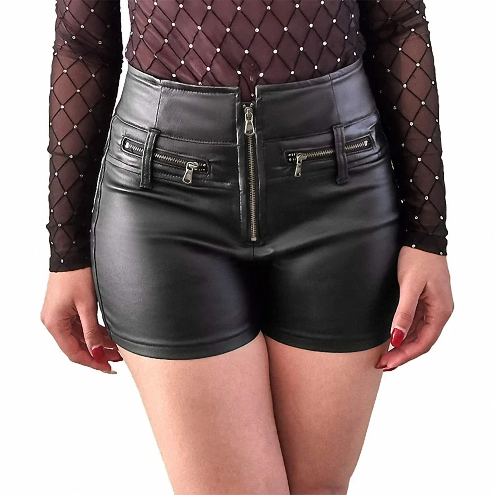 New Fashion PU Leather Slim Package Pants Casual Mini Shorts Versatile Black Sequined Leather Shorts Tight Hip Skirt for Women