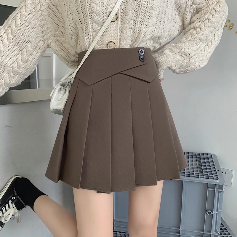 

Sweet Elastic Spliced Button Solid Color Pleated Skirts Female Clothing 2024 Autumn New Loose Young Style High Waist Skirts