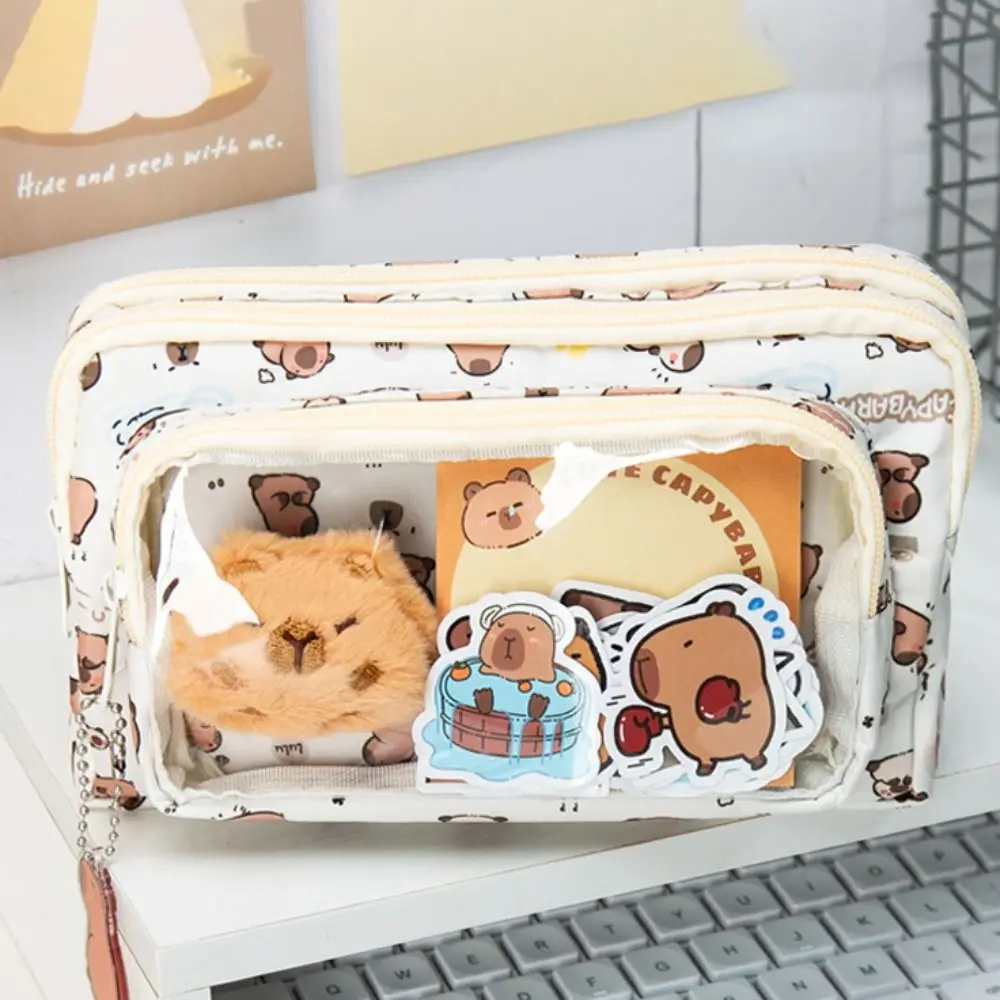 Creative Three-layer Capybara Pen Bag Dirt-proof Canvas Pencil Case Large Capacity Storage Bag Gift