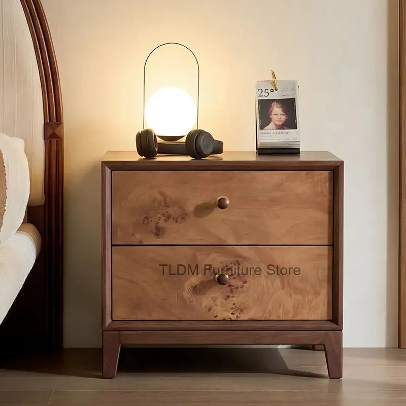 Retro Wood Veneer Nightstand, Contrast Outer Frame Round Metallic Knobs Compact Storage Bedside Cabinet for Bedroom Rest Space
