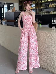 2024 New Summer Women Sexy Square Collar Strap Sashes Slim Jumpsuit Sweet Floral Print Wide Leg Long Pants Jumpsuit 9 Colors