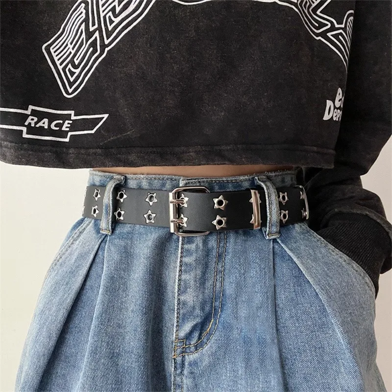 

Y2k Star Eye Rivet Belt Women Girls Hollow Double Exhaust Eyelet Belt Versatile Casual Jeans Decorative Belt Fashion Accessories