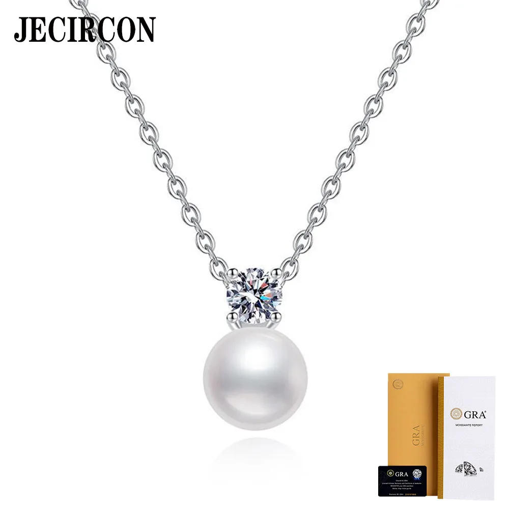 

JECIRCON S925 Sterling Silver Necklace for Women 8MM Natural Freshwater Pearl Pendant Simple 0.3 Carat Moissanite Clavicle Chain