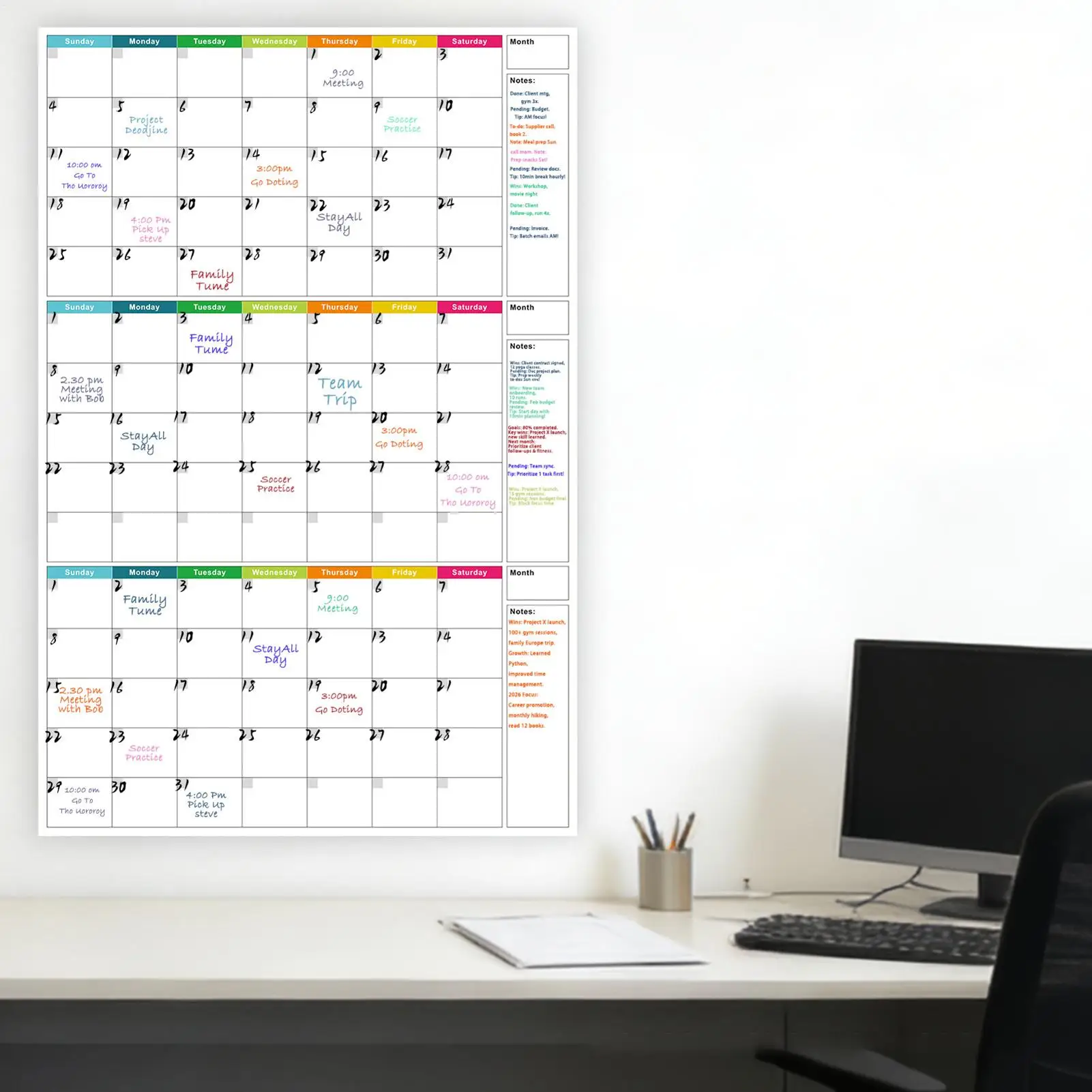 Erasable whiteboard calendar Dry Erase Calendar 3-Month Reusable Undated Erasable Planner Erasable Wall Calendar with 4 Markers
