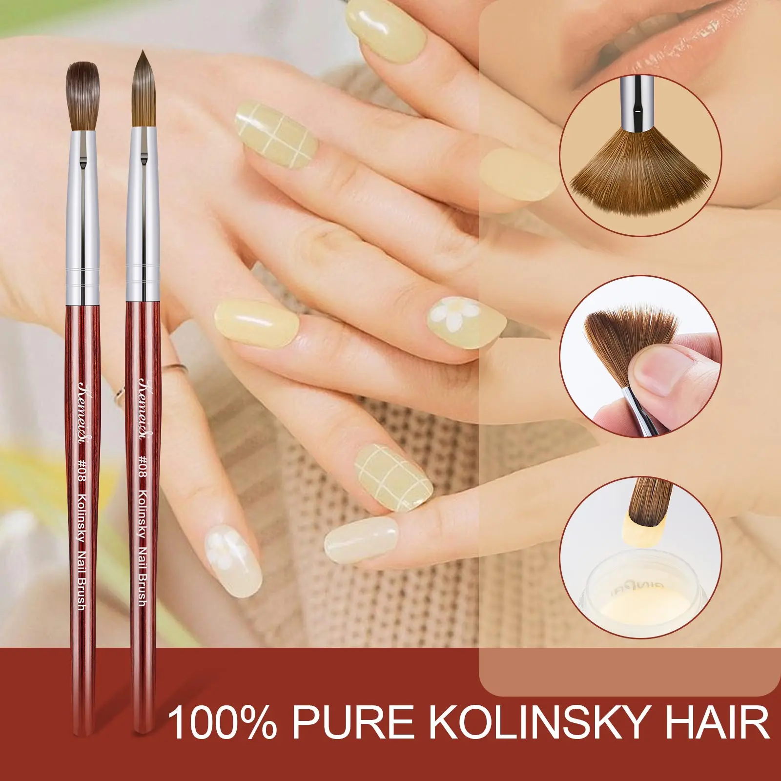 Keimeis-pincel para uñas acrílicas 100% Kolinsky, pinceles acrílicos para uñas, tamaño 10, forma engarzada ovalada, aplicador Acrílico