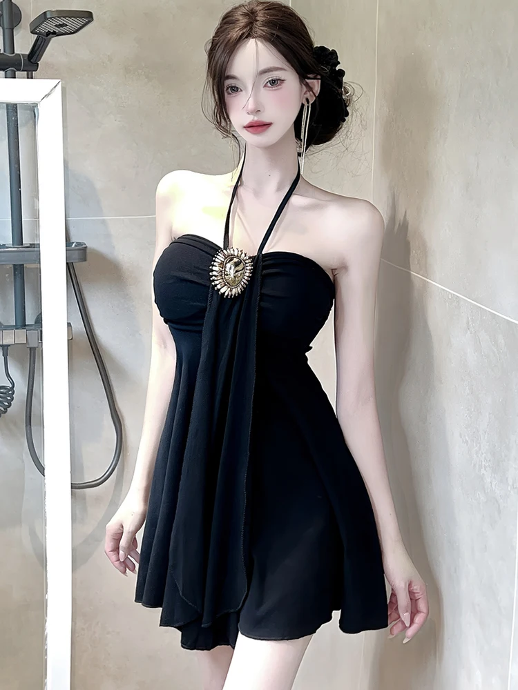 Damska Fioletowa Elegancka Sukienka Mini z Diamentami, Seksowna Sukienka na Szyję, Letnia Elegancka Luksusowa Suknia, Nowa Koreańska Sukienka Bodycon na Urodziny 2025